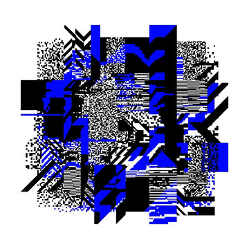 Abstract blue and black digital glitch art on a white background