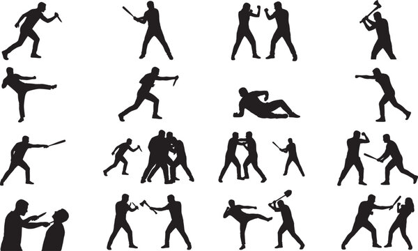 Street Fight and Self Defense Silhouette Icon Set with Attackers and Martial Arts Vector Elements