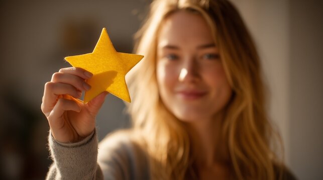 Woman holding a golden star symbolizing achievement, success, and excellent service, smiling with satisfied expression representing quality feedback and top rating