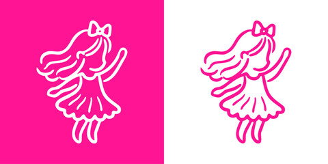 Logotipo de boutique de moda infantil. Dibujo minimalista con líneas de una niña de pie de perfil con un brazo levantado, con un vestido y el pelo ondulado adornado con un lazo en rosa y blanco  © teracreonte