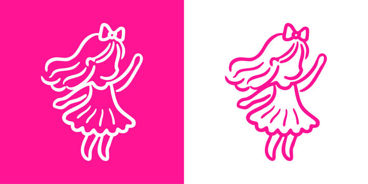 Logotipo de boutique de moda infantil. Dibujo minimalista con l&iacute;neas de una ni&ntilde;a de pie de perfil con un brazo levantado, con un vestido y el pelo ondulado adornado con un lazo en rosa y blanco 
