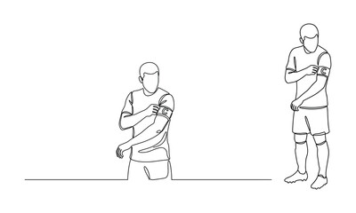 Obraz premium Continuous single line drawing of two professional soccer team captains adjusting armbands minimalist sports concept isolated on white background