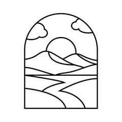 Dibujo sencillo con líneas en blanco y negro de un marco en forma de arco, con un paisaje con montaña, camino, prados y un fondo de cielo con sol y nubes © teracreonte