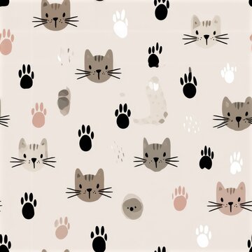 Cute Cat Heads and Paw Prints Seamless Pattern on a Light Beige Background