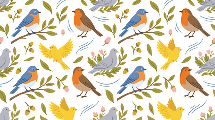 Obraz premium Cute Songbirds Seamless Pattern Featuring Robins Bluebirds Doves and Flying Birds with Botanical Nature Illustrations