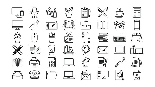 Comprehensive modern lineart icons representing diverse office business technology and stationery items for graphic design projects