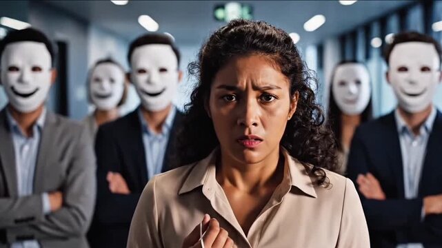 Distressed woman holding mask before identically masked colleagues, representing imposter syndrome, toxic workplace, and mental health