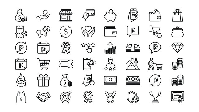 Modern ecommerce and shopping line icons set featuring various business and financial concepts online and offline payment methods for web and print applications