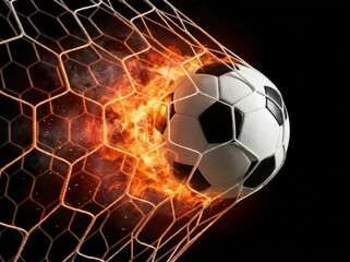 Fototapeta premium Dramatic image of soccer ball in net with flaming effects, highlighting intense action.
