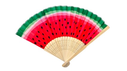Top view of a vibrant watermelon-patterned Japanese-style folding hand fan (Sensu) with a carved bamboo handle, isolated on white background, a refreshing accessory for summer and tropical designs. © Antonios