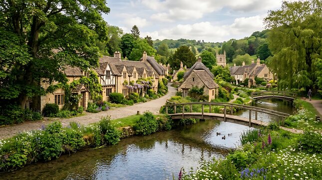 Idyllic Arlington Row in Bibury, Cotswolds with Charming Stone Cottages, River, and Greenery