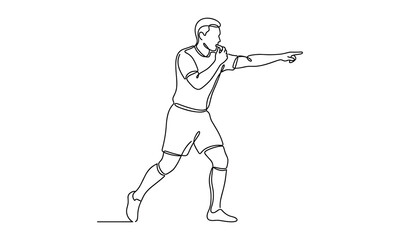 Obraz premium Continuous one line drawing illustration of an active soccer referee blowing a whistle and pointing during a match