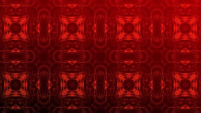 Fiery red lava kaleidoscope pattern with seamless symmetry and glowing magma details. Dynamic looping background suitable for motion graphics, visual effects, presentations, and digital media.