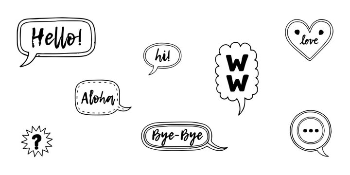 Speech Bubble Icon Set with Hello Hi Love Aloha Bye-Bye and W W Words Line Art Featuring Speechbubble, Communication