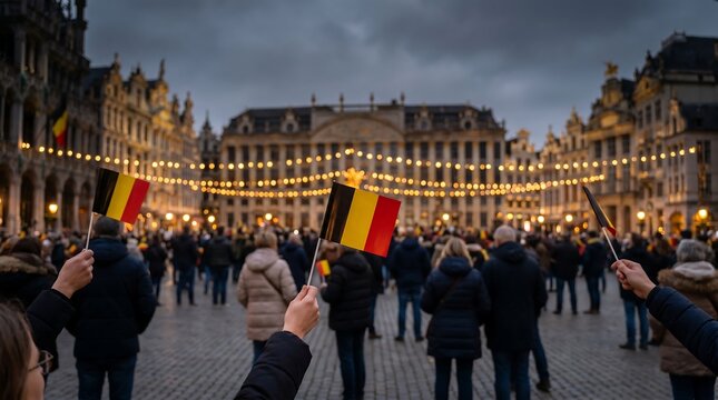Crowd celebrating with belgian flags at festive night market