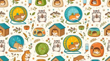 Fototapeta premium Colorful Hamster Habitat Seamless Pattern Featuring Running Wheels Cozy Homes Food Bowls and Cute Cartoon Rodents