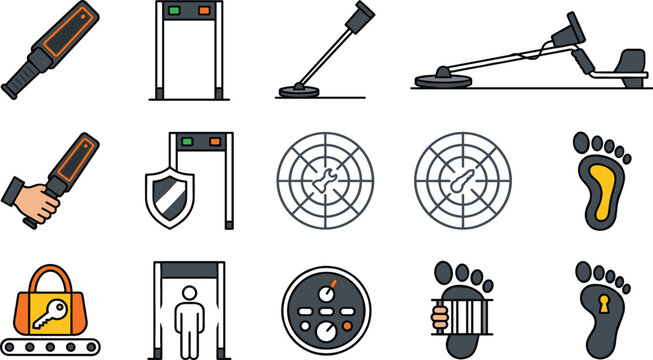 Security screening and checkpoint icon set featuring metal detector gates, baggage inspection, surveillance, access control, and pedestrian screening concepts