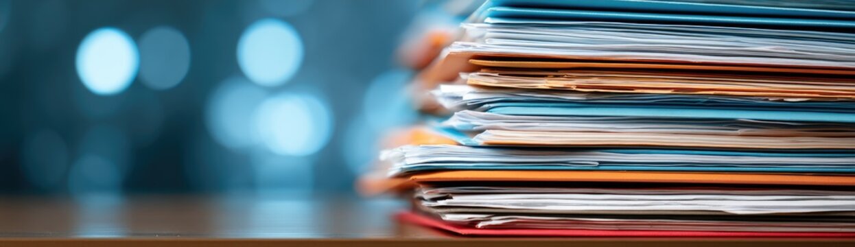 A tall stack of color-coded files sits on a wooden desk