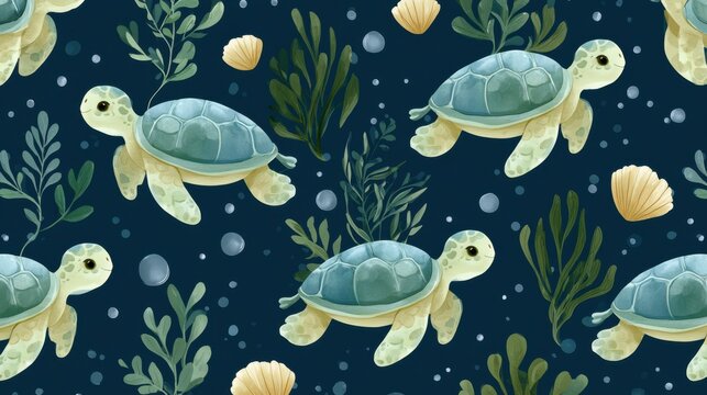 Cute cartoon sea turtles underwater seamless pattern with marine life