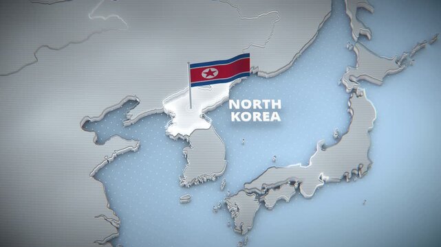 3D topographic map animation of North Korea with national flag, pulsating territory highlight, and extruded borders over a dotted blue ocean. Geopolitical broadcast graphic for news presentations.

