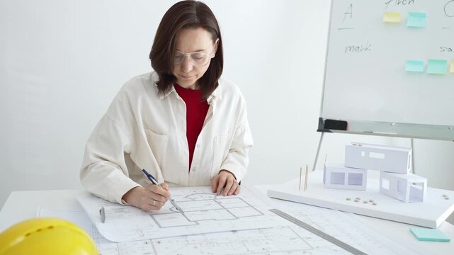 Architect working on new residential project using laptop, reviewing blueprints and drafting floor plans for modern building design with a 3d model on office desk