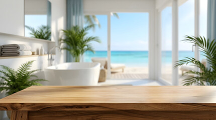 Obraz na płótnie Canvas Wooden tabletop display surface over blurred luxury bathroom background with tropical ocean beach view for montage.