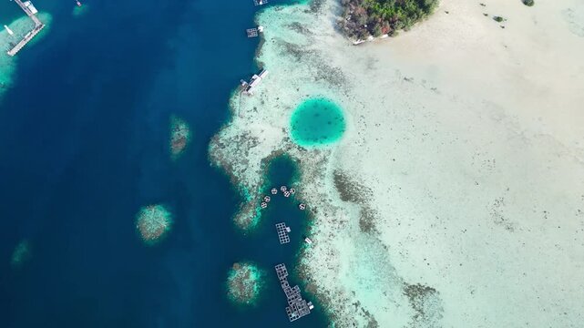 Cinematic drone shot of a vibrant tropical reef flat featuring a perfectly circular blue hole adjacent to a deep ocean drop-off and a wide white sandbar