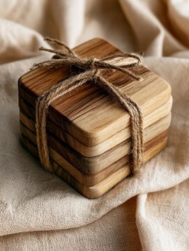 Stacked wooden coasters bound with rustic twine