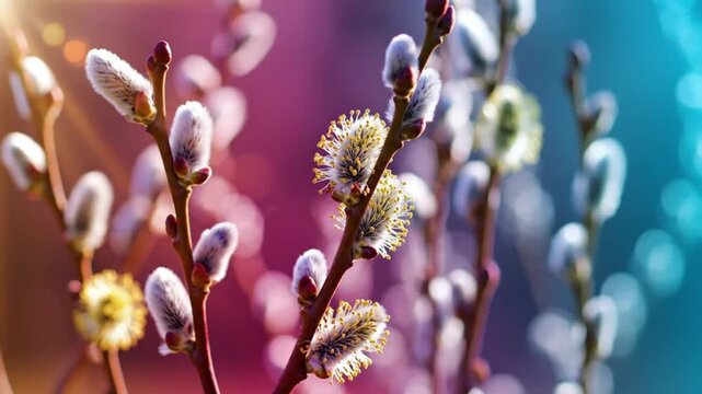 Willow catkins blooming in soft morning sunlight