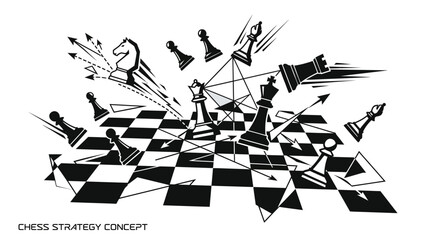 Chess strategy concept with flying pieces. © Majuu