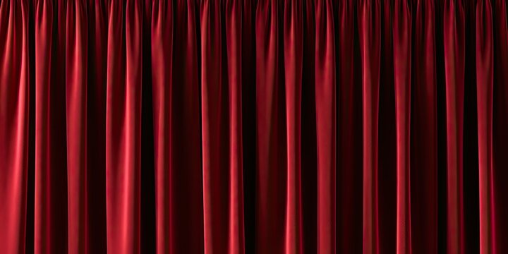 Luxurious deep red velvet curtains, richly pleated and illuminated