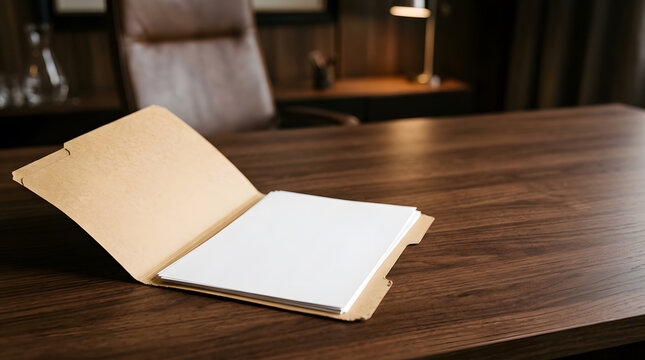 Manila file folder with blank white documents on dark wooden desk in executive office interior, legal or corporate paperwork mockup