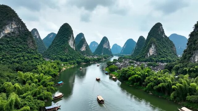 River flowing through karst mountains and green landscape