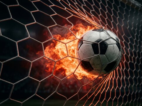 A soccer ball penetrates the net with flames, creating a dynamic action shot.