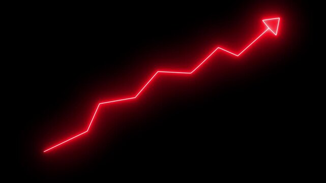 Glowing neon market recovery graph with rising red arrow. Business growth and financial rebound concept on dark background.