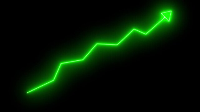 Glowing neon market recovery graph with rising green arrow. Business growth and financial rebound concept on dark background.