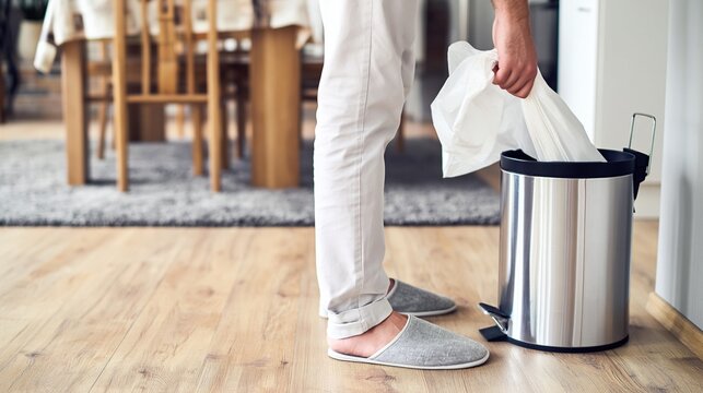 Person taking out trash from a modern stainless steel bin, managing household waste, doing daily chores, keeping kitchen clean and tidy at home