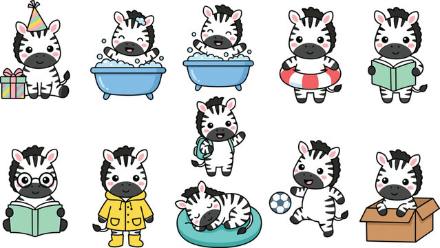 Cute kawaii zebra cartoon character collection with daily activities, bathing, reading and adorable animal sticker illustrations