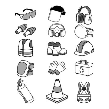 Safety Equipment Collection Black and White Vector Illustration Set