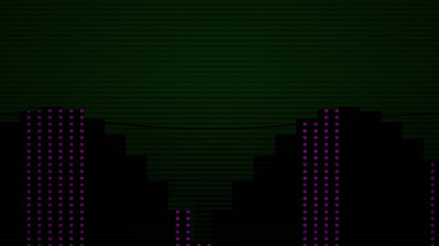Pixelated glitch skyline with green scanlines and purple dots.