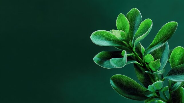 Fesh sprig of green ruskus with green leaves on a green color background with copy space. Generative AI.
