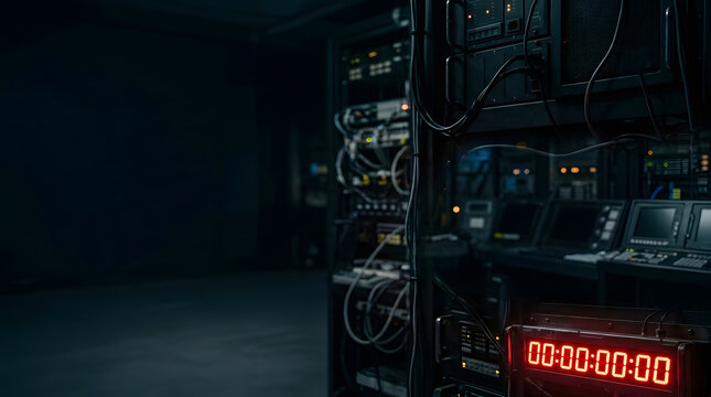 Data Center Server Room with Red Digital Timecode Display and Copy Space for Cybersecurity and Network Infrastructure Concepts