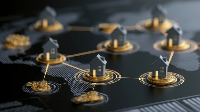 Connected Houses on World Map Representing Global Real Estate Network