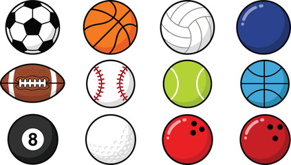 Obraz premium Sports balls vector icon set isolated on white background athletic equipment collection for games and competitive activities