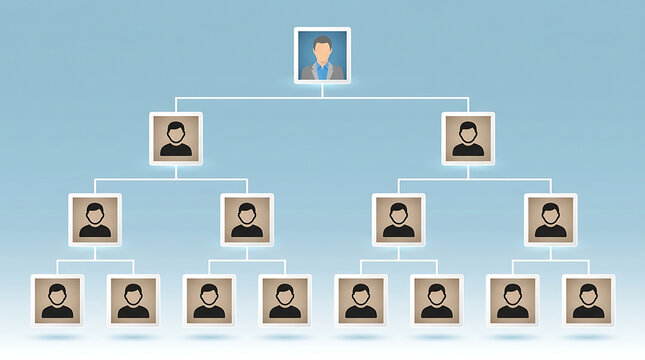 Corporate Hierarchy Organizational Chart Illustration with Employee Avatars and Network Connection Lines