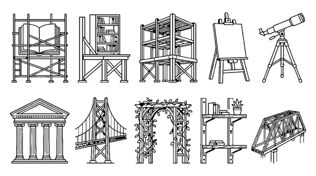 Hand drawn architectural and structural engineering icons set featuring bridge scaffolding and building elements.