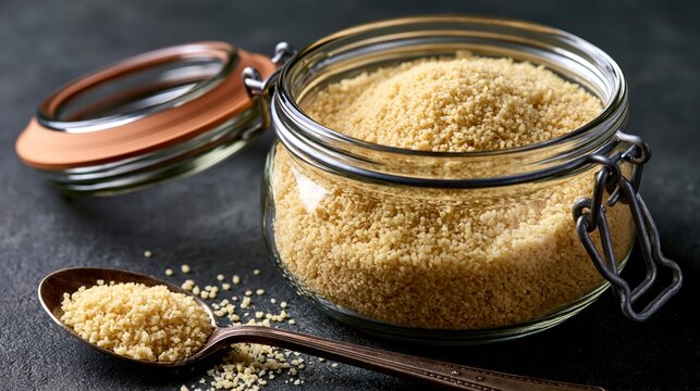 Jar of uncooked couscous sits on a dark surface.