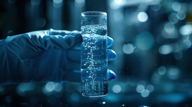 Blue-gloved hand holds test tube of clear water against blurred laboratory backdrop. Scientist is testing water quality to develop environmental protection concept.
