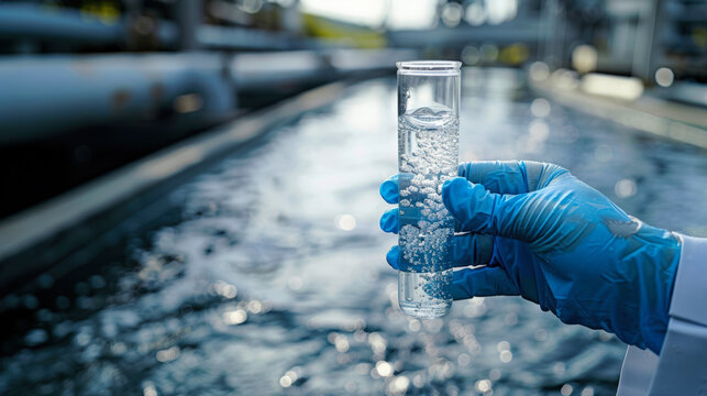 Blue-gloved hand holds pipette filled clear water against blurred wastewater treatment plants. Scientist is testing water quality to develop environmental protection concept.