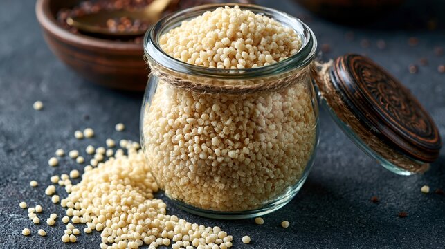 Jar of uncooked couscous sits on a dark surface.